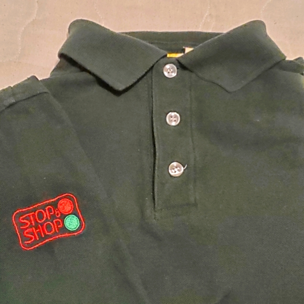 Vintage Long Sleeve Polo Shirt Stop n' Shop Grocery Green Large
